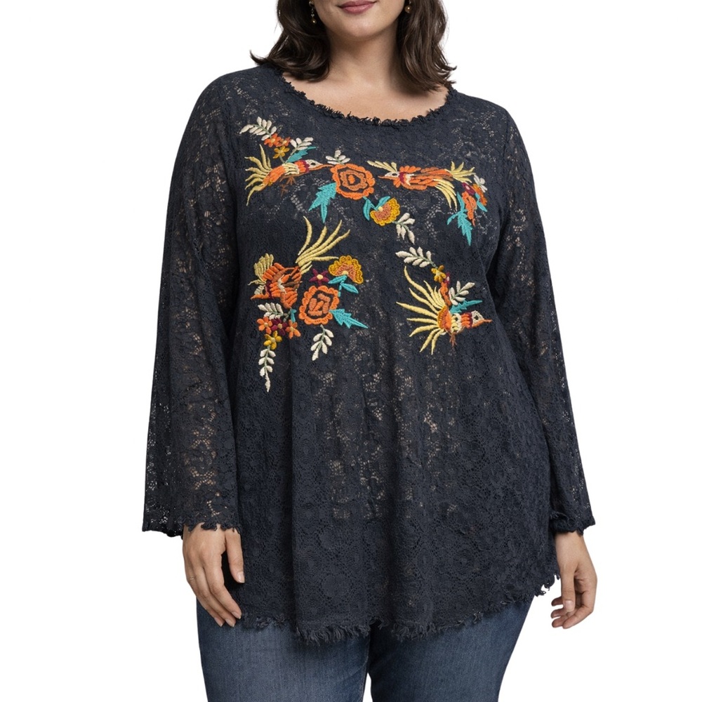 Chic Lace Blouse with Floral Embroidery Charcoal Lace crochet top